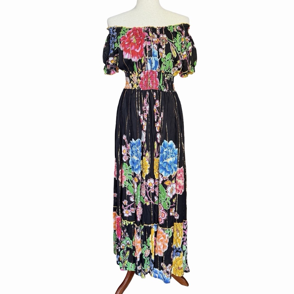 Me 2 Magic Black Floral Maxi Dress M• Smocked Boho Cottagecore Anthropologie EUC